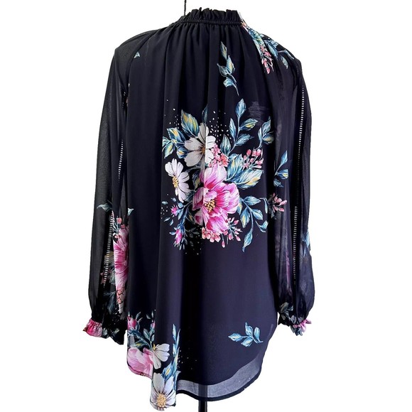 Yumi Kim Women’s Silk Blouse Sz S Black Pink Floral Print Tie Ruffled Neck - Picture 6 of 14